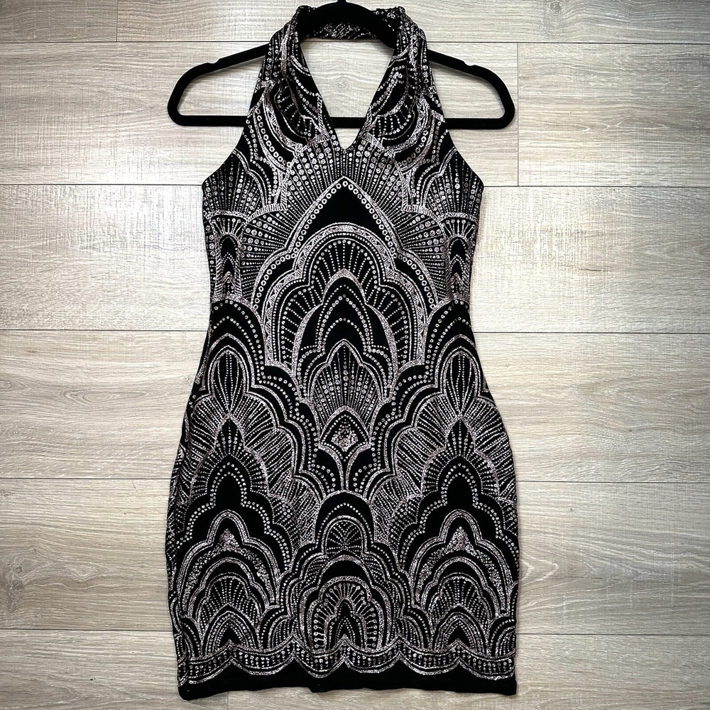 Jump Apparel Halter Dress Black & Rose‎ Gold Glitter Open Back Bodycon Women's M - Picture 4 of 10